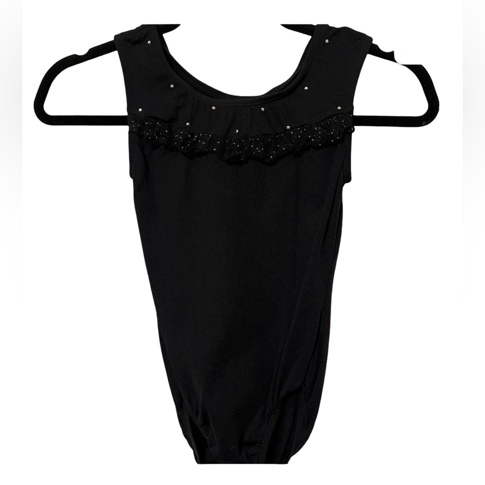 NWOT Jacques Moret black leotard with silver studs and lace ruffle 12/14